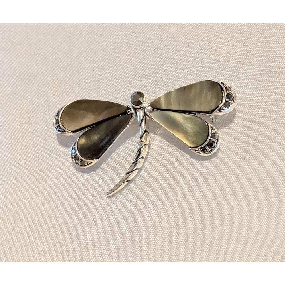 Monet Dragonfly Brooch Pin Gray Mother of Pearl Rhinestone Silver Tone Signed
